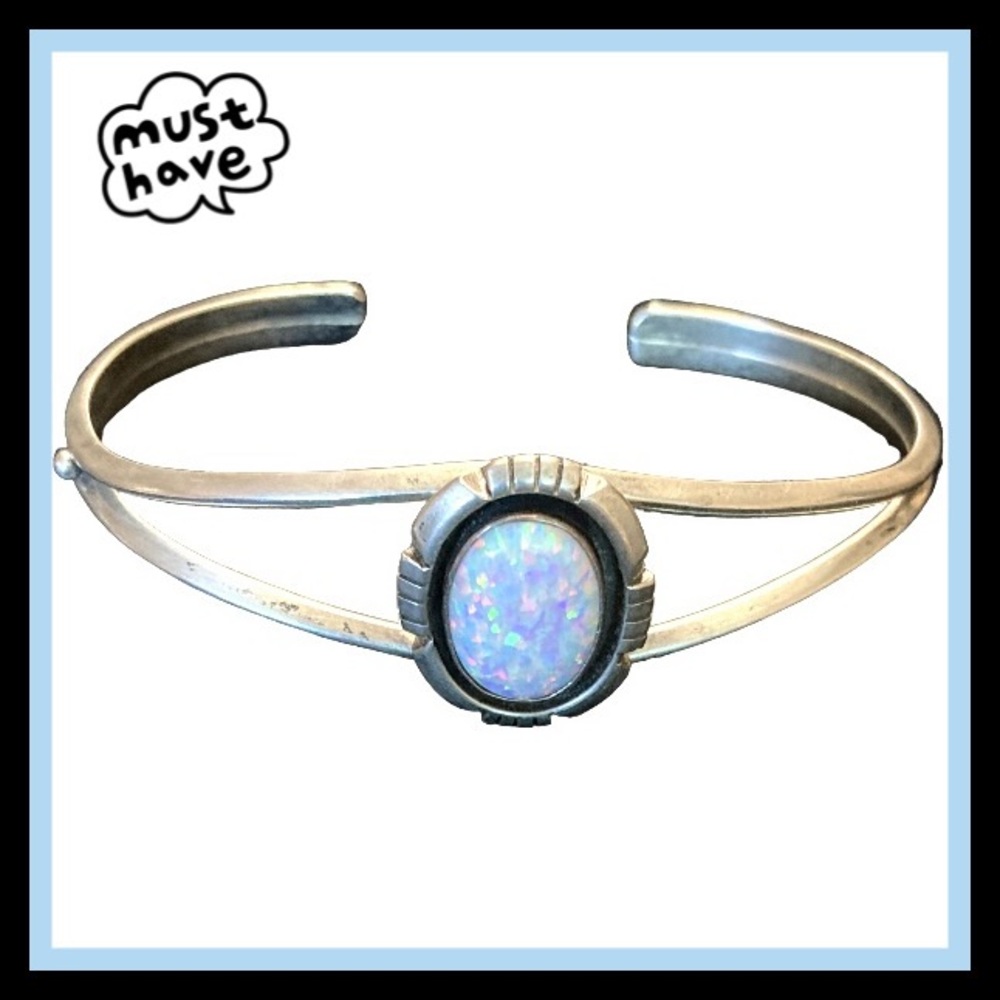 Navajo Sterling Silver White Opal Split Cuff Bracelet Signed AB (Alex Begay)